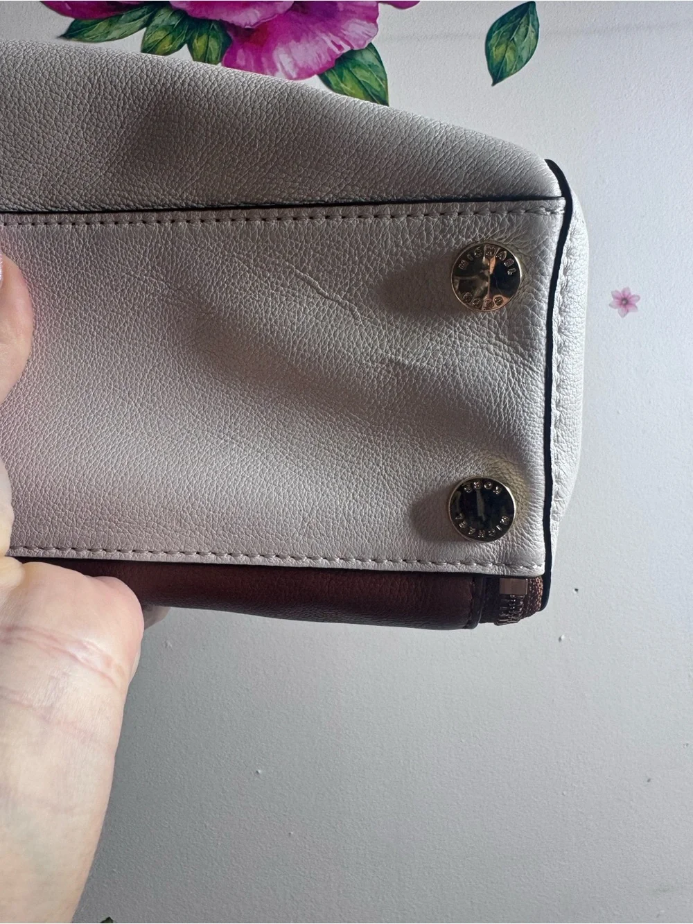 Michael Kors White & Brown Leather Satchel with Gold Hardware